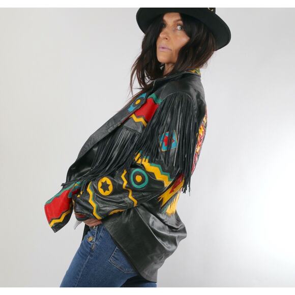 Vintage Gerunimu Leather Fringe Native American Indian Chief Blazer Jacket L - Picture 15 of 16